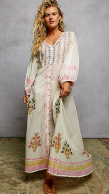 NWT POL Sz S Cream Embroidered Boho Maxi Dress, Floral Border Print, Long Sleeve